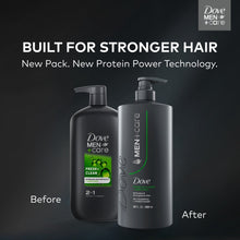 Two Dove Men+Care shampoo bottles shown as before/after, gray pumps, built for stronger hair.