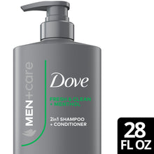 Dove Men+Care 2-in-1 shampoo + conditioner bottle front, gray with pump, 28 fl oz.
