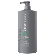 Dove Men+Care 28 fl oz shampoo bottle with pump, gray with green accent stripe.
