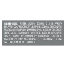 Shampoo ingredient panel listing water, sodium C12-13 pareth sulfate, menthol, caffeine, and more.
