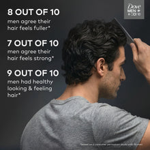 Man touching styled hair with Dove Men+Care strength claim text