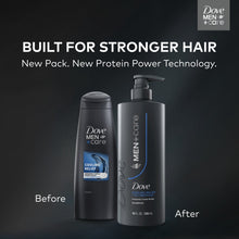 Dove Men+Care cooling relief shampoo bottles, gray pump, before and after view