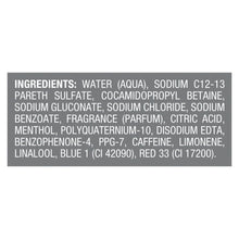 Shampoo ingredients list panel with water, menthol, and other listed components