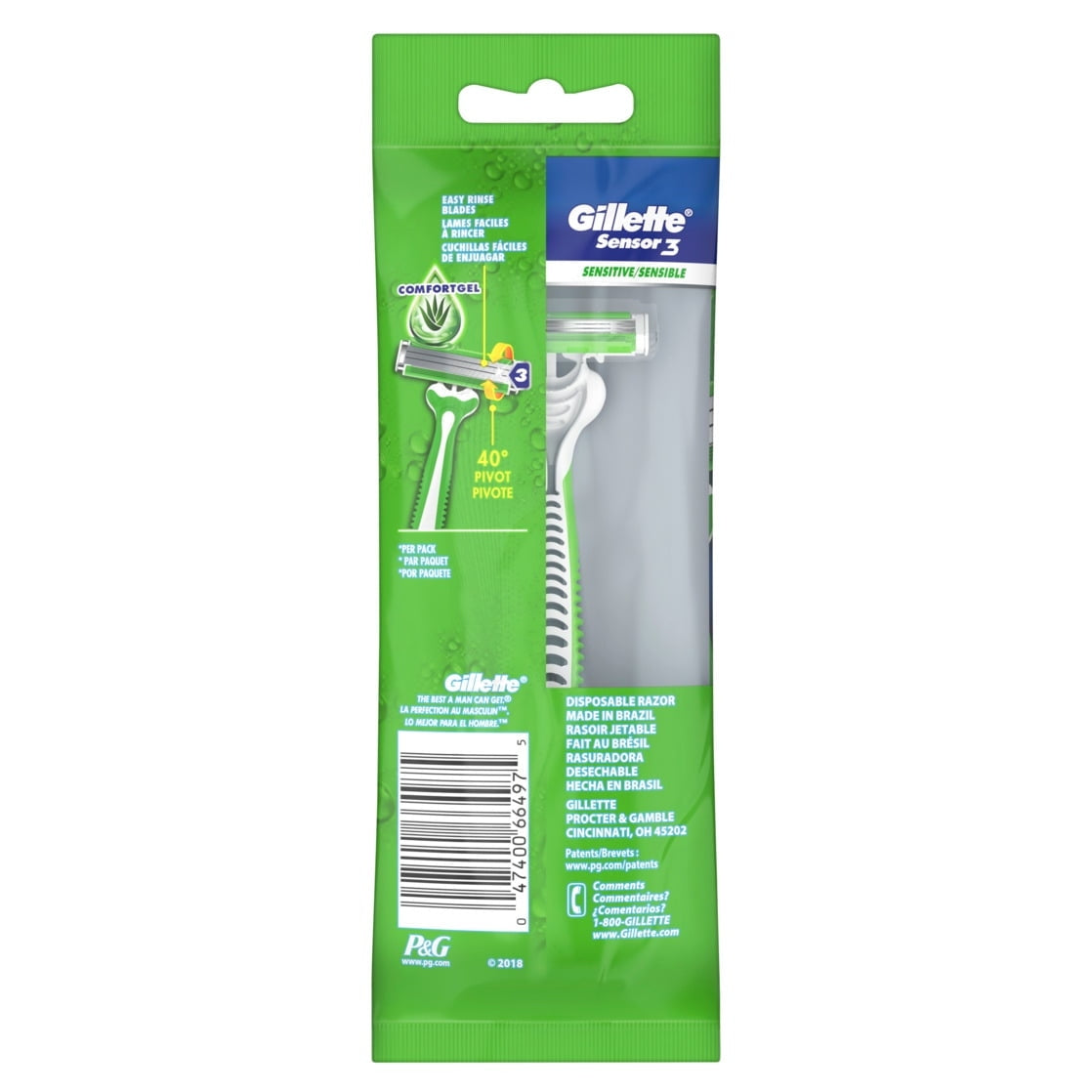 (4 pack) Gillette Sensor3 Sensitive Men's Disposable Razor, 1 Razor, Green