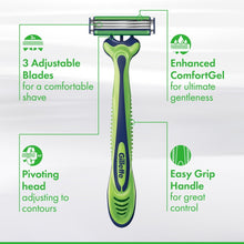 Disposable razor handle with 3 adjustable blades, pivoting head and grip features.