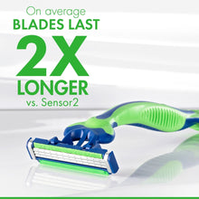 Disposable 3-blade razor with green handle and blue head, angled close-up.