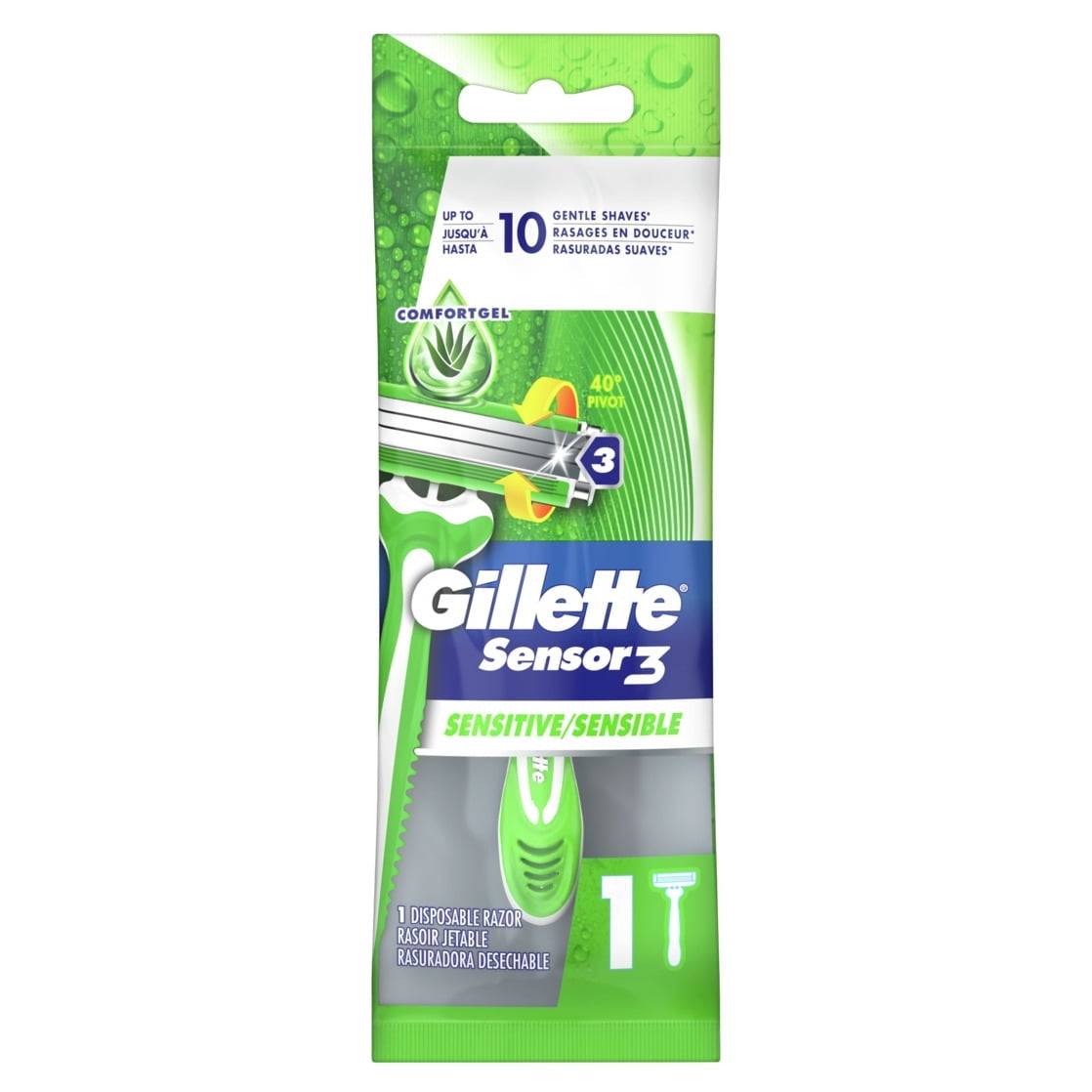 (4 pack) Gillette Sensor3 Sensitive Men's Disposable Razor, 1 Razor, Green