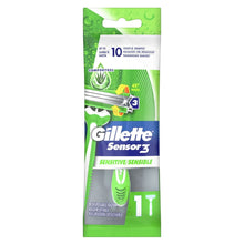 Gillette Sensor3 sensitive disposable razor, green single-pack with hanging blister.