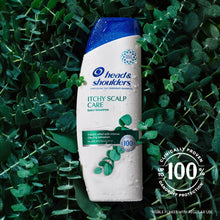 Itchy Scalp Care dandruff shampoo bottle with eucalyptus leaves and water droplets