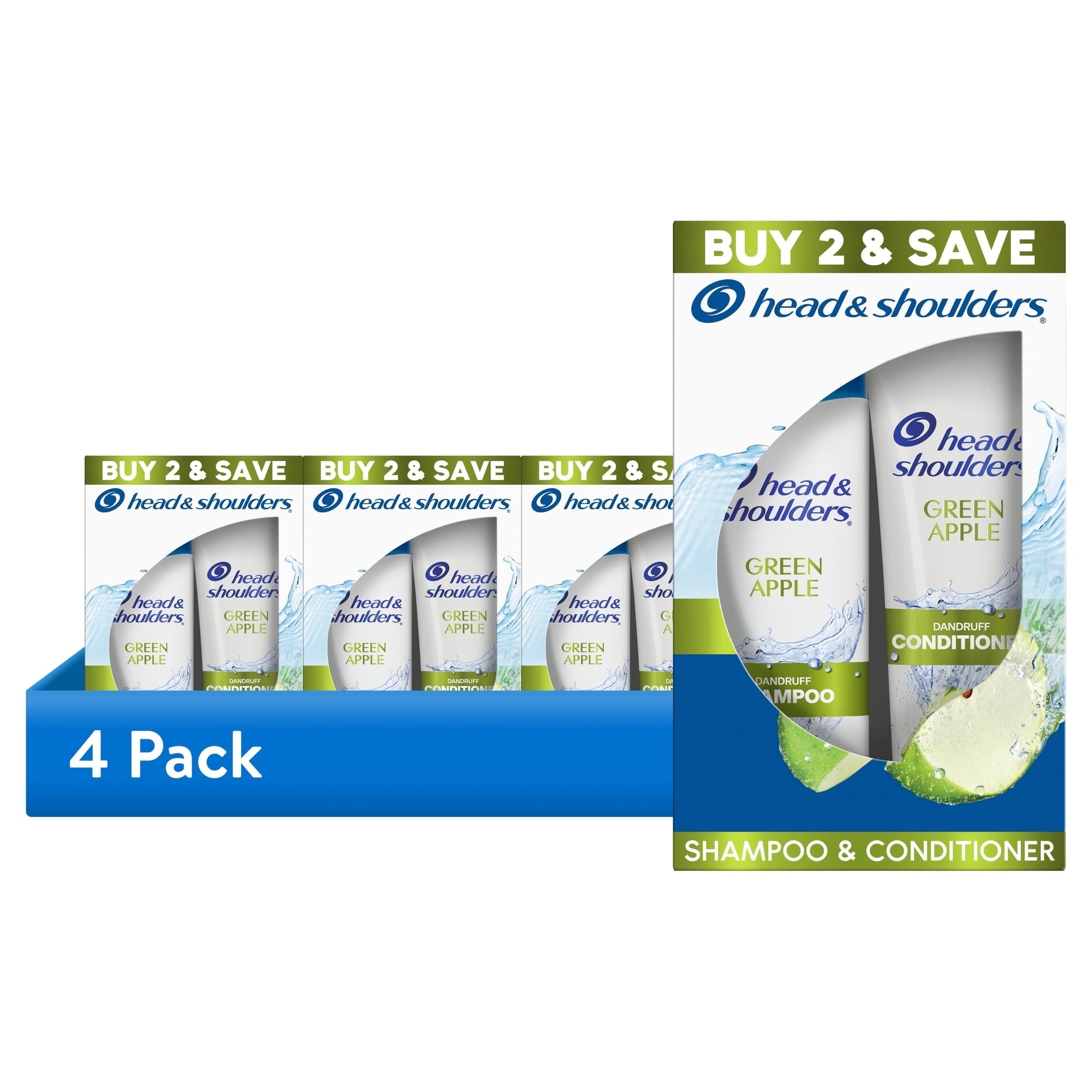 (4 pack) Head and Shoulders Green Apple Shampoo and Conditioner Dual Pack, All Hair Types
