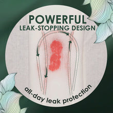 Close-up style view of a white menstrual pad with leak-stopping design
