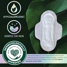White ultra thin menstrual pad on leaf graphic with hypoallergenic and gentle claims