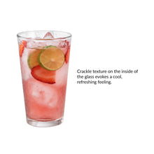 Crackle-textured clear glass tumbler with pink drink and citrus and berry garnish