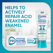 Toothpaste package panel with tube: actively repairs acid-weakened enamel, extra fresh