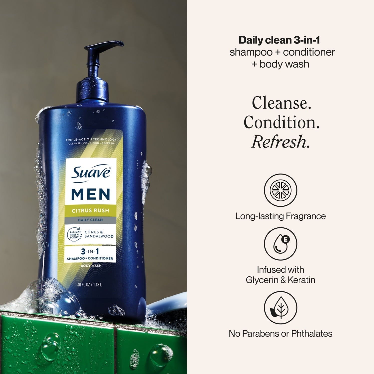 (4 pack) Suave Men Citrus Rush 3-in-1 Shampoo, Conditioner & Body Wash with Glycerin & Keratin, 40 OZ
