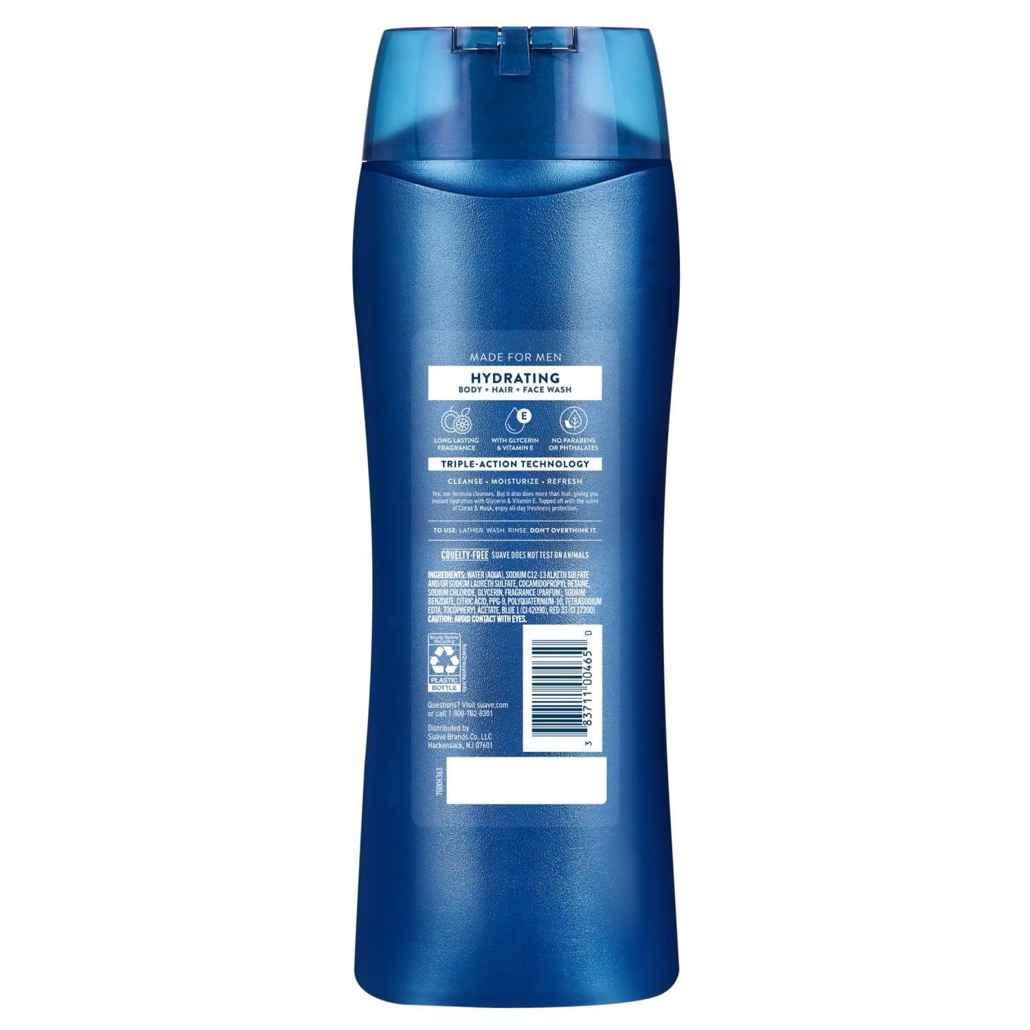 (4 pack) Suave Men Hydrating 3-in-1 Body, Hair & Face Wash with Glycerin and Vitamin E, 18 fl oz