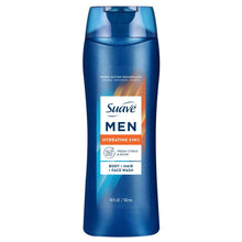 Suave Men hydrating 3-in-1 body, hair & face wash bottle, blue.