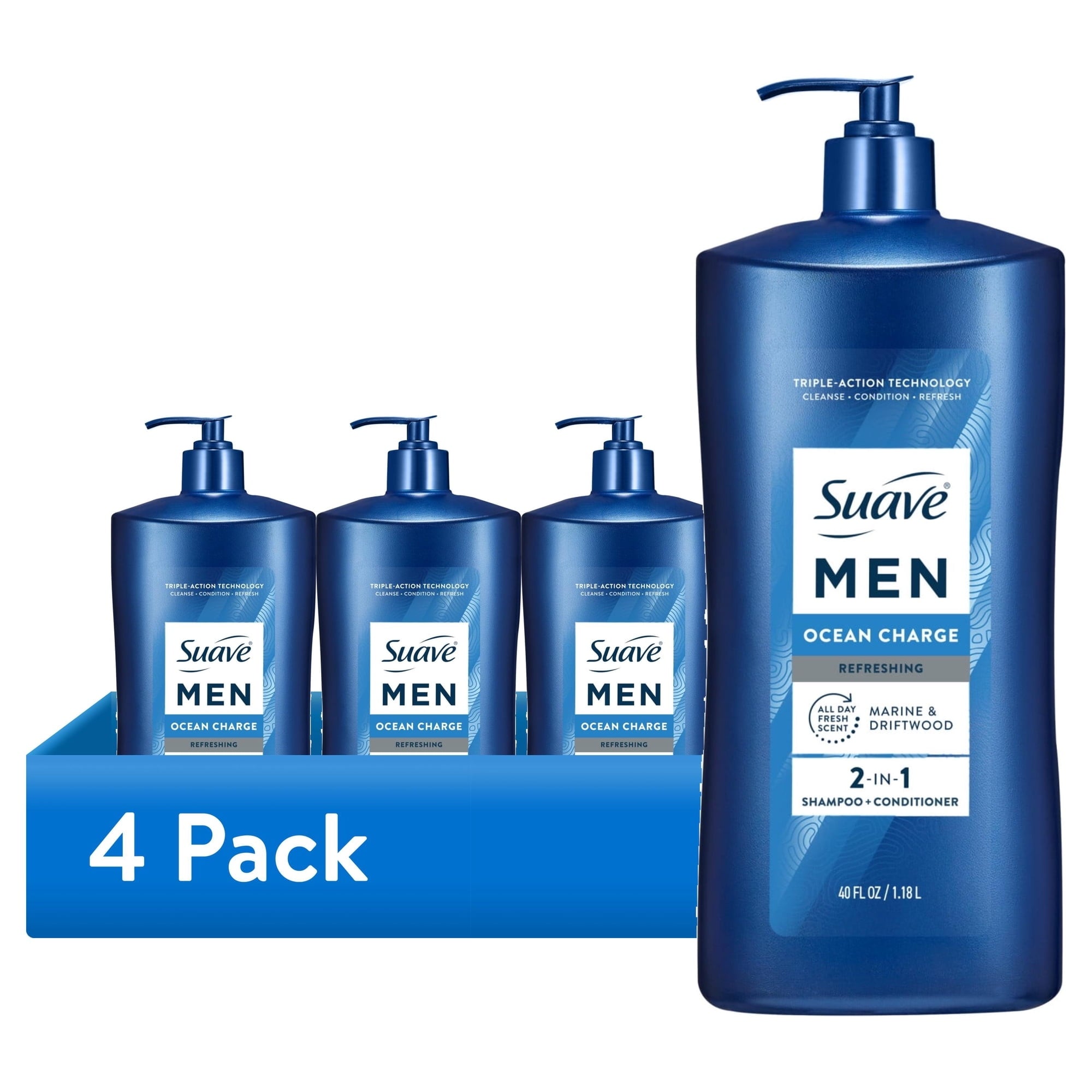 (4 pack) Suave Men Ocean Charge 2-in-1 Refreshing Shampoo & Conditioner with Pro Vitamin B5, 40 FL OZ Pump