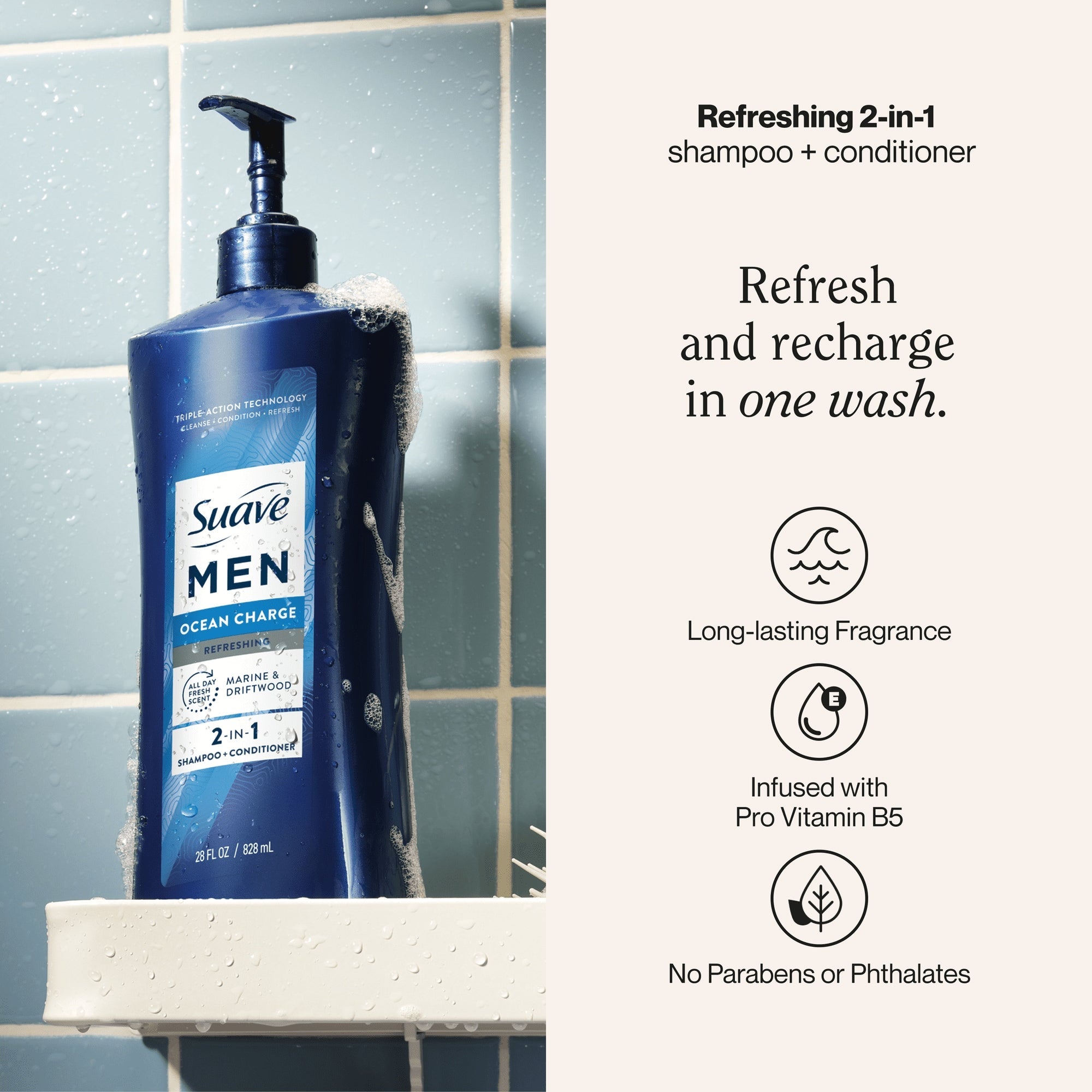 (4 pack) Suave Men Refreshing 2-in-1 Body & Face Wash with Glycerin & Vitamin E, Ocean Charge, 28 fl oz