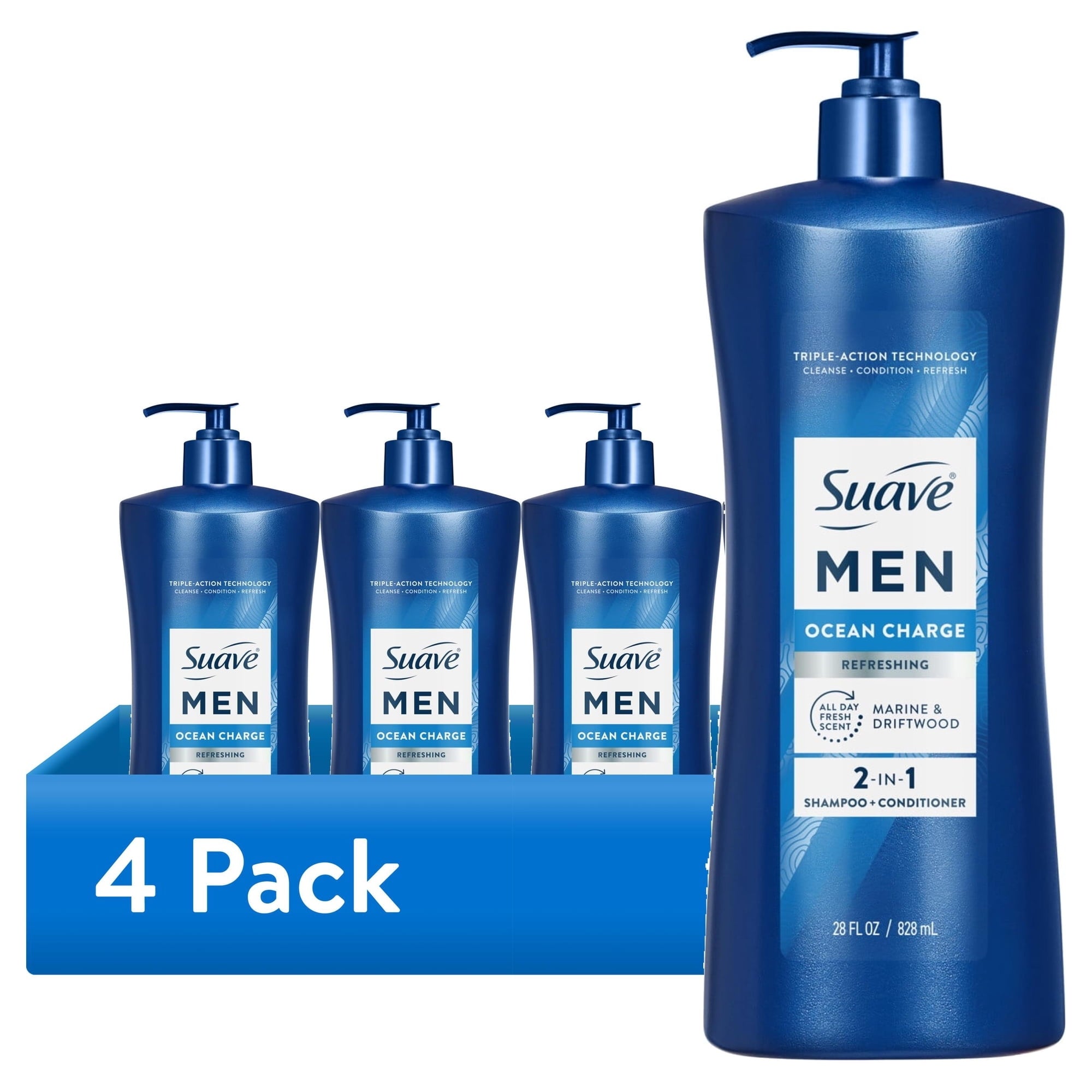(4 pack) Suave Men Refreshing 2-in-1 Body & Face Wash with Glycerin & Vitamin E, Ocean Charge, 28 fl oz