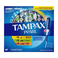 Tampax Pearl Jumbo 47-count tampon box with Leakguard protection and size mix