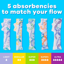 Tampon absorbency lineup chart showing light, regular, super, super+ and ultra