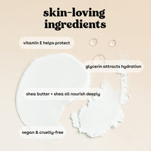 Skin-loving ingredients graphic with shea butter, glycerin, and vitamin E