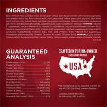 Dry dog food ingredients and guaranteed analysis panel with USA map and nutrition details.