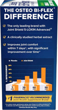 Osteo Bi-Flex difference panel showing Joint Shield 5-Loxin Advanced and improvement chart