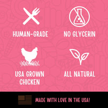Human-grade chicken dog treats with no glycerin, USA-grown chicken, all natural.