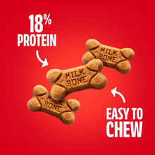 Dog treat benefits graphic highlighting 18% protein percentage and easy-to-chew