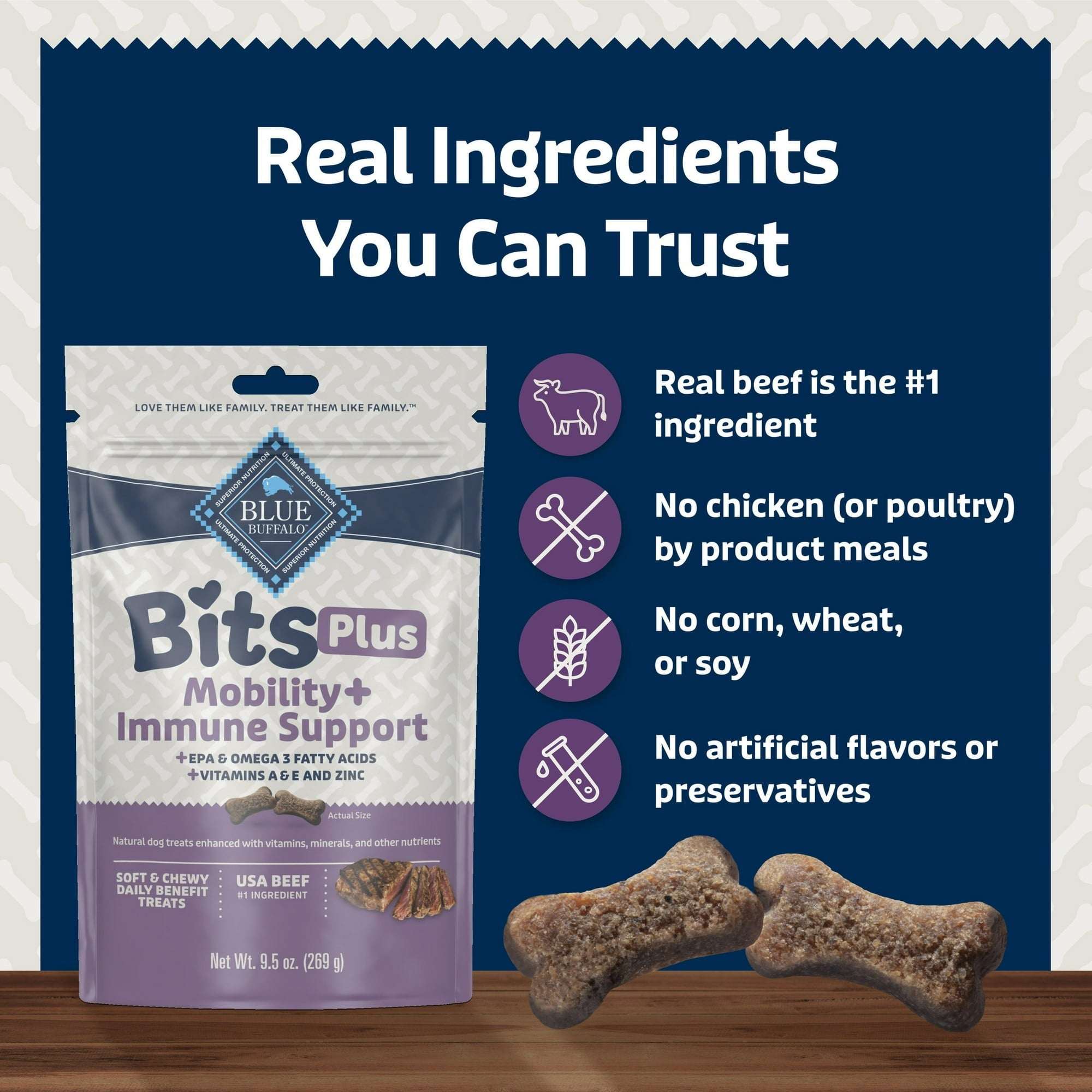 Blue Buffalo BLUE Bits Plus Mobility and Immune Support Daily Benefit Dog Treats, Soft & Chewy Morsels, 9.5-oz. Bag