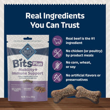 Bits Plus mobility & immune support dog treat pouch with beef morsels and claims