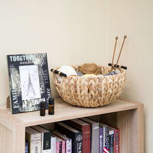Woven water hyacinth decorative bowl with wooden handles, round shape