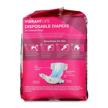 Disposable dog diapers package back panel with directions and features for female dogs