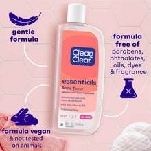 Clean & Clear essentials acne toner bottle, fragrance-free, oil-free badge shown