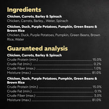 Guaranteed analysis and ingredients for chicken, carrots, barley and spinach