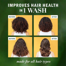 Hair conditioner before-and-after collage showing curly hair from back view