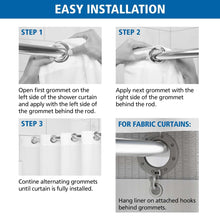 Black shower curtain with grommet steps and built-in rings for easy installation