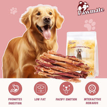 Golden retriever with chicken, duck, and cod twist jerky treats and resealable pouch
