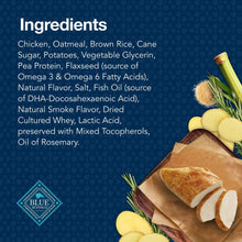 Blue Bits ingredients panel with chicken and grains graphic on treat bag