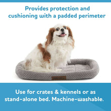 Gray round-edged pet bed mat with a dog sitting on the padded center.