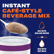 Instant café-style beverage mix graphic with scoop and mix with boiling water or hot milk