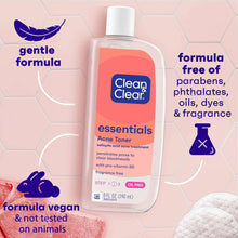 Oil-free acne toner bottle shown with formula icons on label graphics