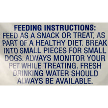 Feeding instructions text on dog treat bag