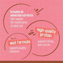 Wet cat food label with wet formula and high-quality protein claims