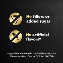 Wet dog food pouch with no fillers, no artificial flavors icons