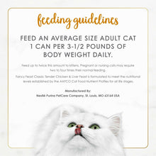 Fancy Feast wet cat food feeding guidelines panel with white cat face