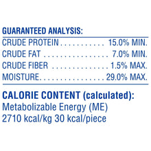 Dog treats guaranteed analysis panel: protein 15%, fat 7%, fiber 1.5%, moisture 29%