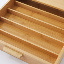 Natural bamboo organizer tray with horizontal divider grooves and pull handle